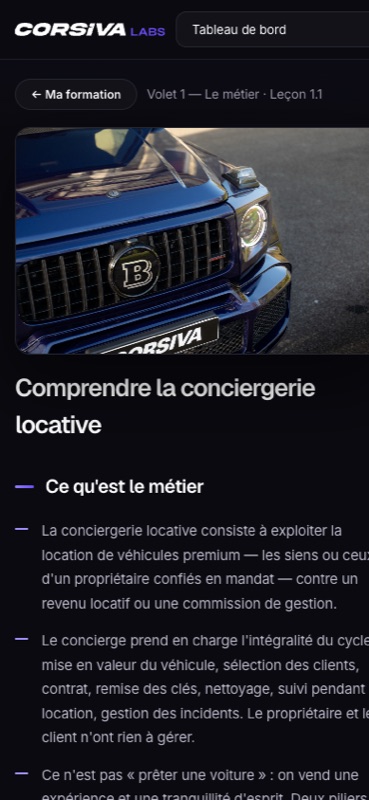 La plateforme de formation Corsiva Lab sur mobile — une leçon